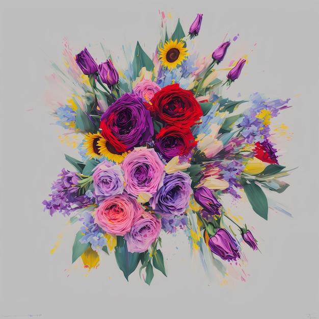 Une peinture d'un bouquet de fleurs avec des fleurs violettes, rouges et jaunes.