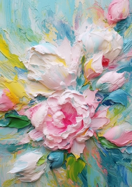 peinture d'un bouquet de fleurs sur un fond bleu génératif ai