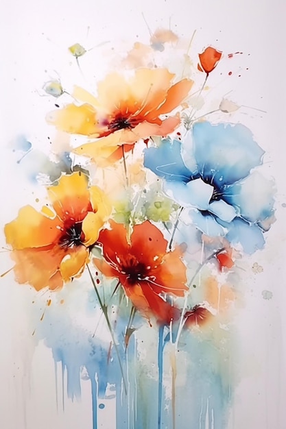 Peinture d'un bouquet de fleurs avec de la peinture à l'aquarelle