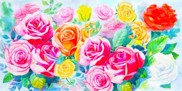 Photo peinture bouquet de roses colorées dans le jardin