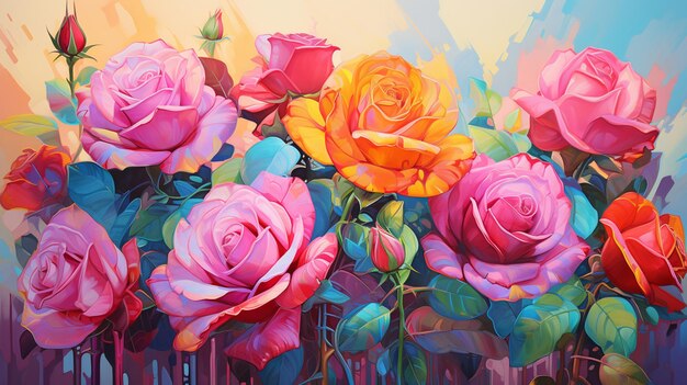 peinture d'un bouquet de roses avec un fond coloré génératif ai