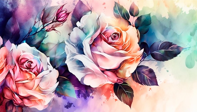 Une peinture d'un bouquet de roses avec un fond rose et bleu.