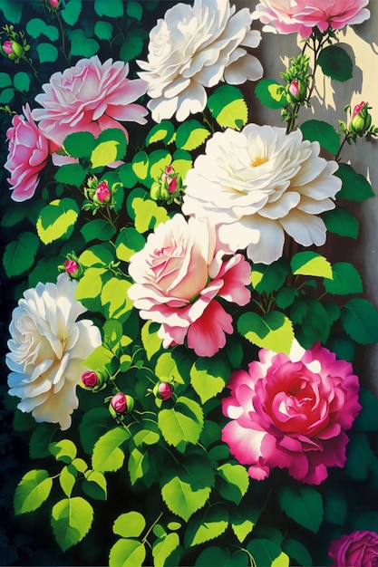 Peinture d'un bouquet de roses roses et blanches ai générative