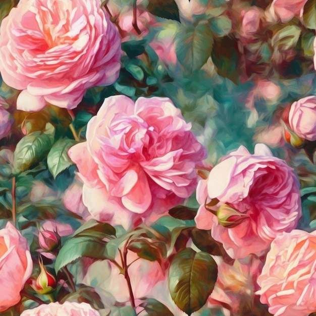 Peinture d'un bouquet de roses roses avec des feuilles vertes générative ai