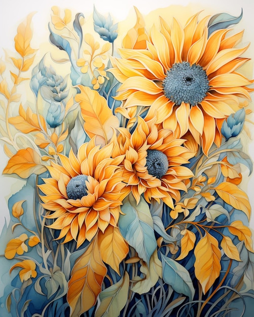 peinture d'un bouquet de tournesols avec des feuilles et des fleurs ai générative