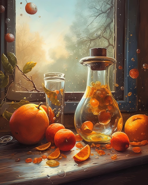 Une peinture d'une bouteille de jus d'orange et d'un verre d'eau.