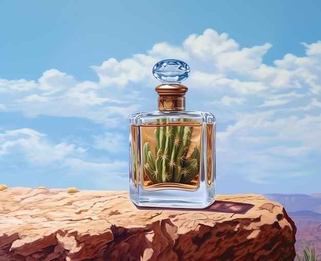 Une peinture d'une bouteille de parfum avec un ciel bleu en arrière-plan