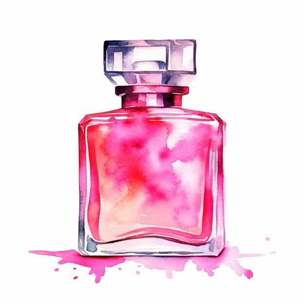 Photo peinture d'une bouteille de parfum rose avec un fond plat