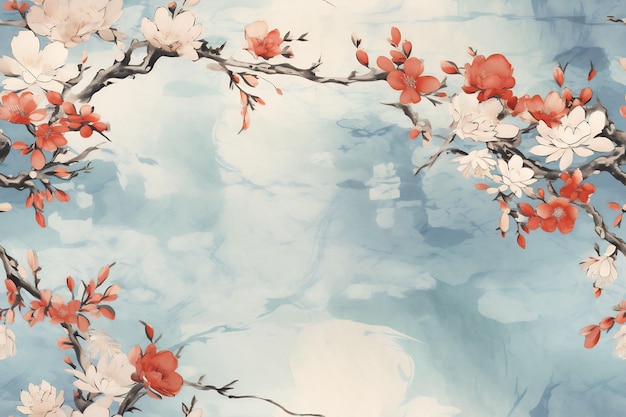 Une peinture d'une branche d'un cerisier en fleurs.