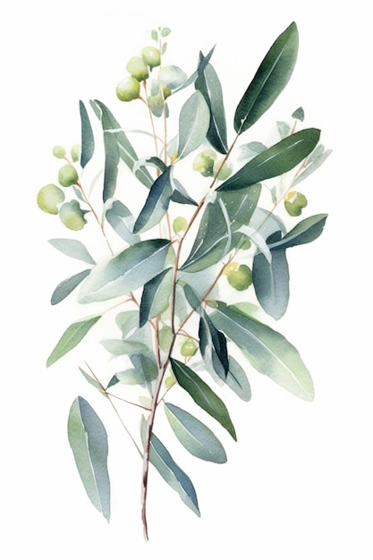 une peinture d'une branche d'eucalyptus avec des feuilles vertes et des baies génératives ai