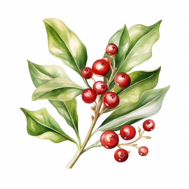 Une peinture d'une branche de holly avec des baies rouges et des feuilles vertes