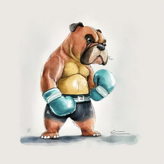 peinture d'un bulldog avec des gants de boxe et une chemise jaune