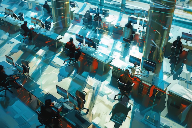 Une peinture d'un bureau occupé avec des gens travaillant à leurs bureaux