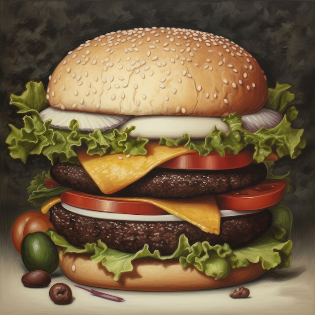 Peinture burger juteuse avec fond abstrait