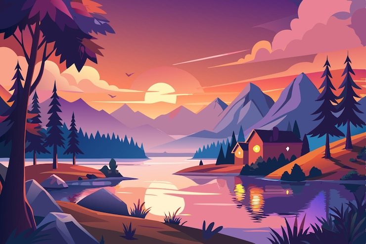 Photo une peinture d'une cabane au bord du lac au coucher du soleil
