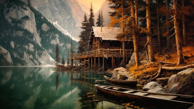 Une peinture d'une cabane au bord du lac