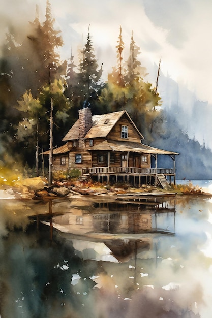 Une peinture d'une cabane au bord de l'eau