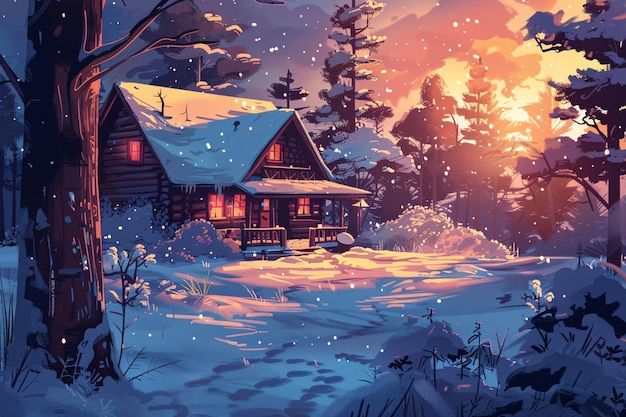 une peinture d'une cabane dans les bois avec un coucher de soleil en arrière-plan Neige lourde terme solaire illustration