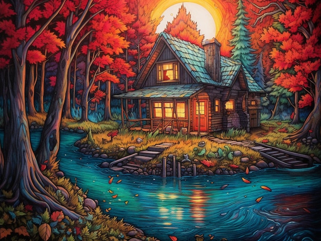 Peinture d'une cabane dans les bois avec une rivière et un bateau ai génératif