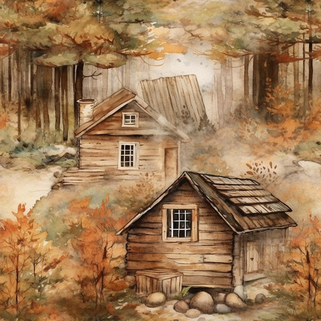 Peinture d'une cabane dans les bois avec un ruisseau coulant par ai génératif
