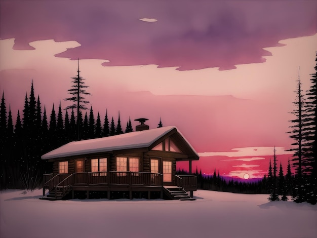 Une peinture d'une cabane dans les bois avec le soleil qui brille sur le toit