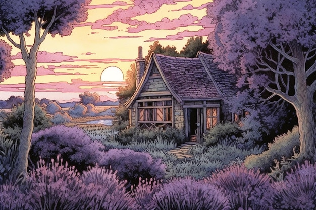 Peinture d'une cabane dans un champ de lavande avec un coucher de soleil en arrière-plan