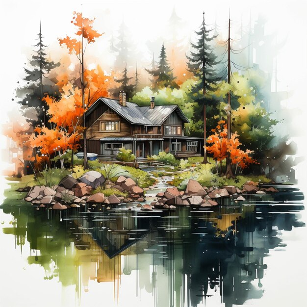 Photo peinture d'une cabane sur un lac entourée d'arbres génératifs ai