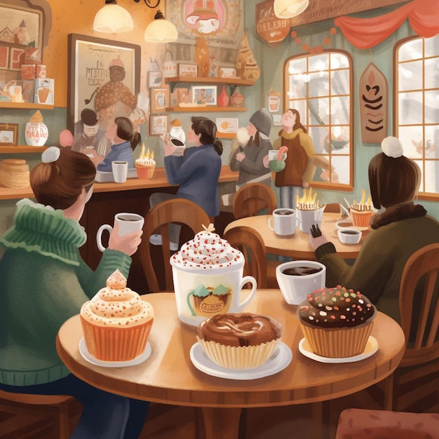 Une peinture d'un café avec des cupcakes et une femme assise à une table.