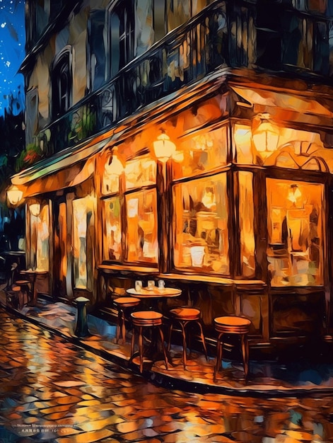 Une peinture d'un café avec une petite table et des tabourets.