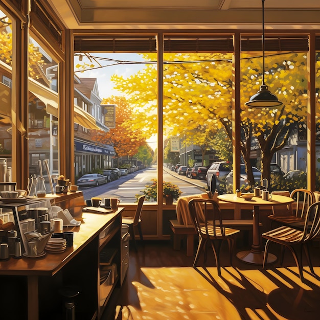 Peinture d'un café avec une vue sur une rue et un arbre IA générative