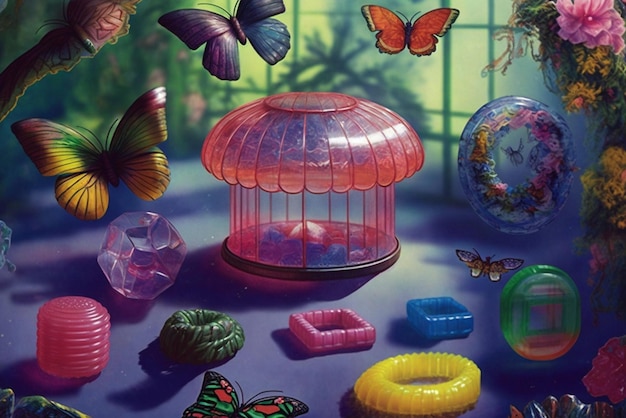 Peinture d'une cage à oiseaux avec des papillons et dans un jardin ai génératif
