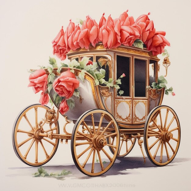 Photo peinture d'une calèche tirée par des chevaux avec des roses sur le dos