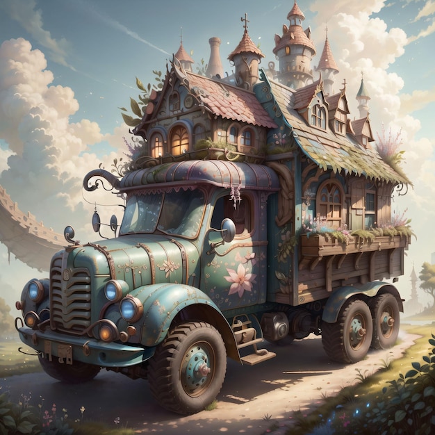 Une peinture d'un camion avec une maison sur le toit.