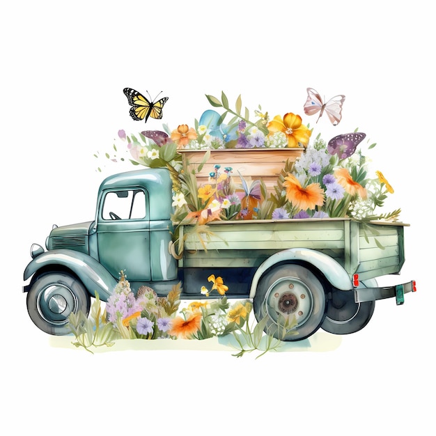 Une peinture d'un camion vert avec un bouquet de fleurs à l'arrière.