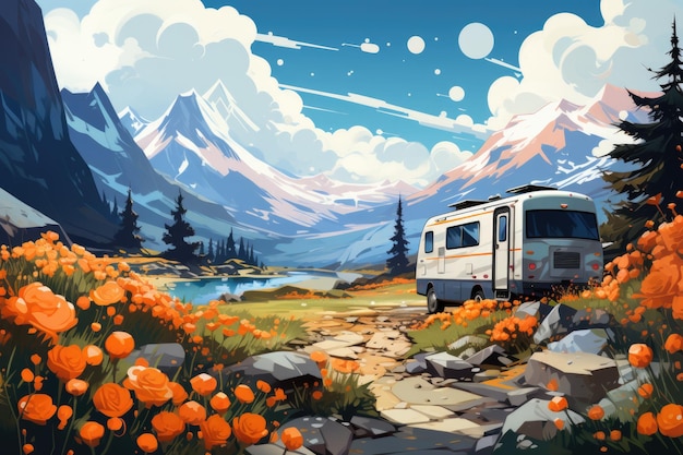 Une peinture d'un camping-car garé dans un champ de fleurs