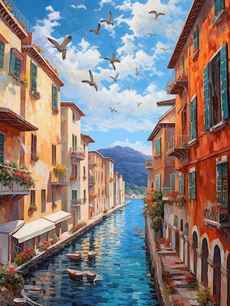 Une peinture d'un canal avec un bateau dans l'eau et un ciel avec des nuages.