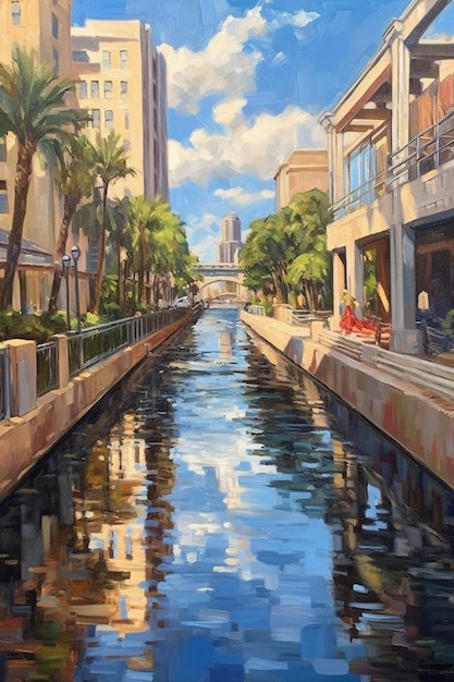 Peinture d'un canal avec des bâtiments et des palmiers en arrière-plan ai générative