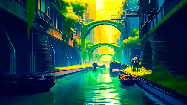 Peinture d'un canal dans la ville Generative AI