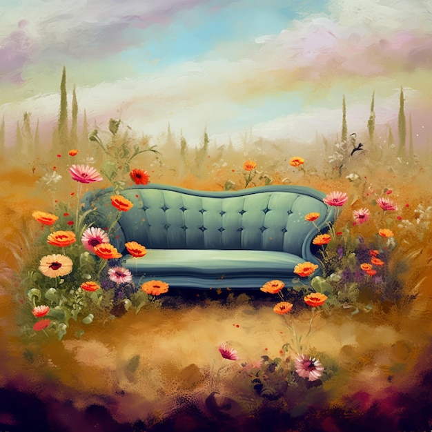 peinture d'un canapé bleu dans un champ de fleurs générative ai