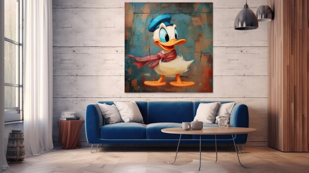 Une peinture d'un canard dans un salon