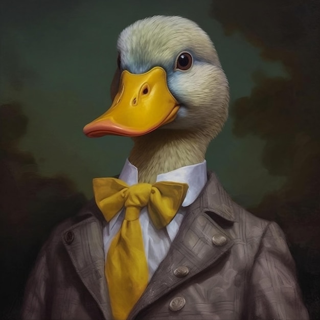 Une peinture d'un canard portant un costume et une cravate.