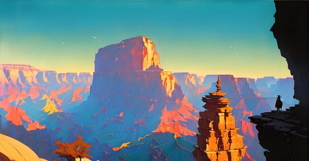 Une peinture d'un canyon avec un ciel bleu et les mots grand canyon en arrière-plan.