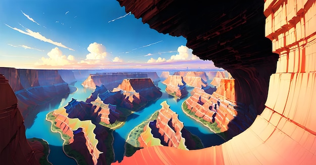 Une peinture d'un canyon avec un ciel bleu et des nuages