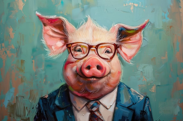 Photo une peinture capricieuse d'un cochon vêtu d'un costume élégant et de lunettes de sport