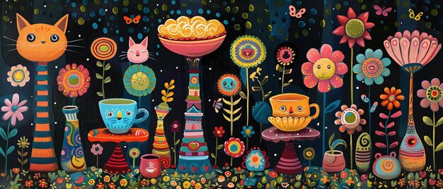 Une peinture capricieuse d'un jardin avec des fleurs, des chats et des tasses de thé.