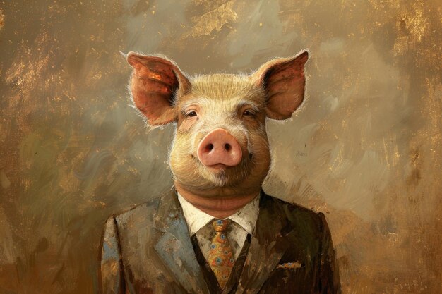 Photo une peinture capricieuse représentant un cochon vêtu d'un costume élégant