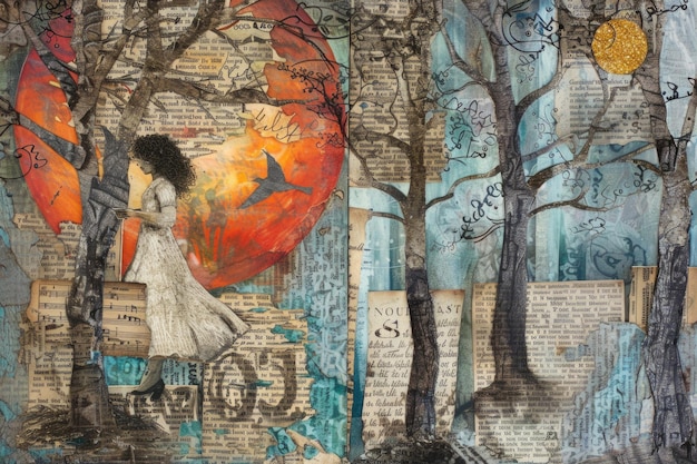 Une peinture captivante représentant une femme marchant gracieusement à travers une forêt mystique