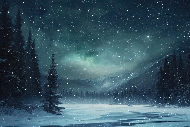 Une peinture capturant une scène de nuit d'hiver avec de la neige et un ciel étoilé un paysage enneigé paisible avec des étoiles scintillantes et des aurores boréales généré par l'IA