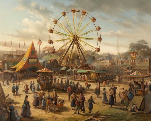 Une peinture d'un carnaval avec une grande roue en arrière-plan.