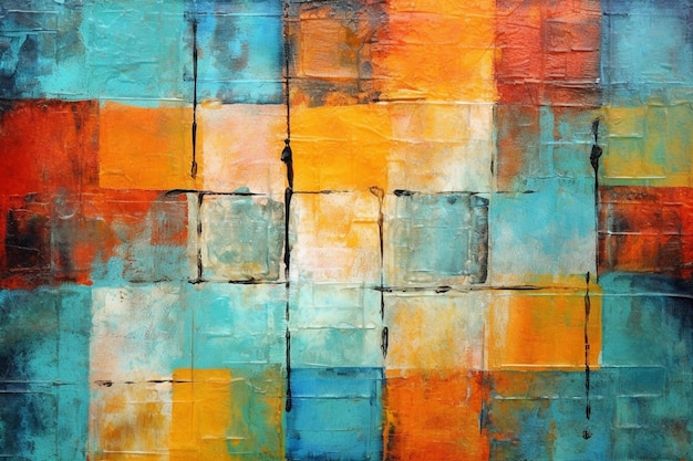 Une peinture d'un carré avec un fond bleu et orange.